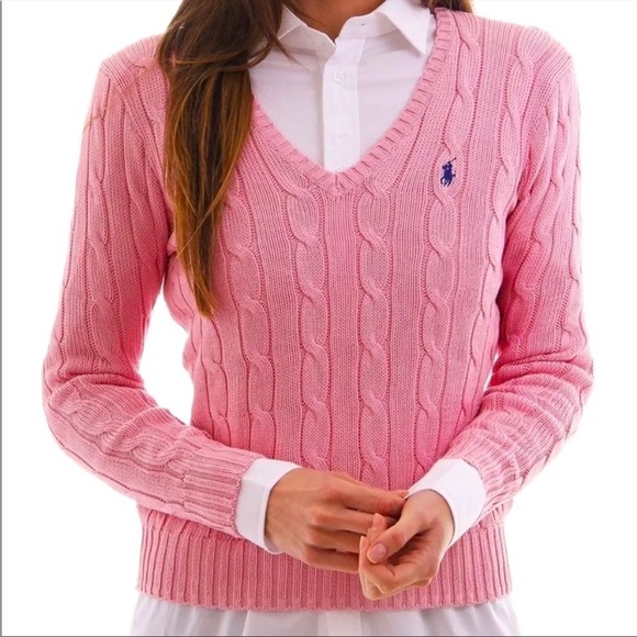 Polo by Ralph Lauren | Sweaters | Polo Ralph Lauren Pink Vneck Cable Knit  Sweater Sz L | Poshmark